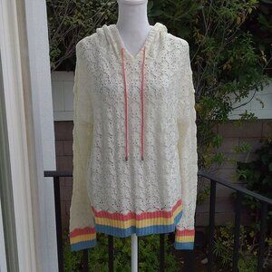 Love More Sweater Women's XL Acrylic Soft Crochet Open Knit Hoodie Cream